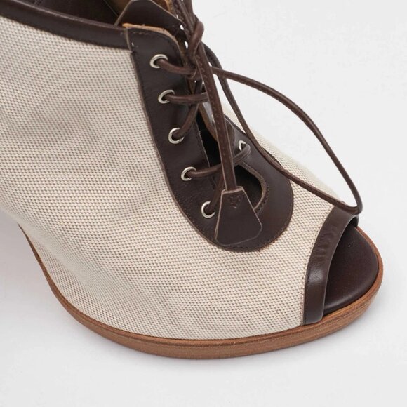 Hermes Off White/Brown Canvas and Leather Platform Booties Size 37 488-050125 - Picture 5 of 9